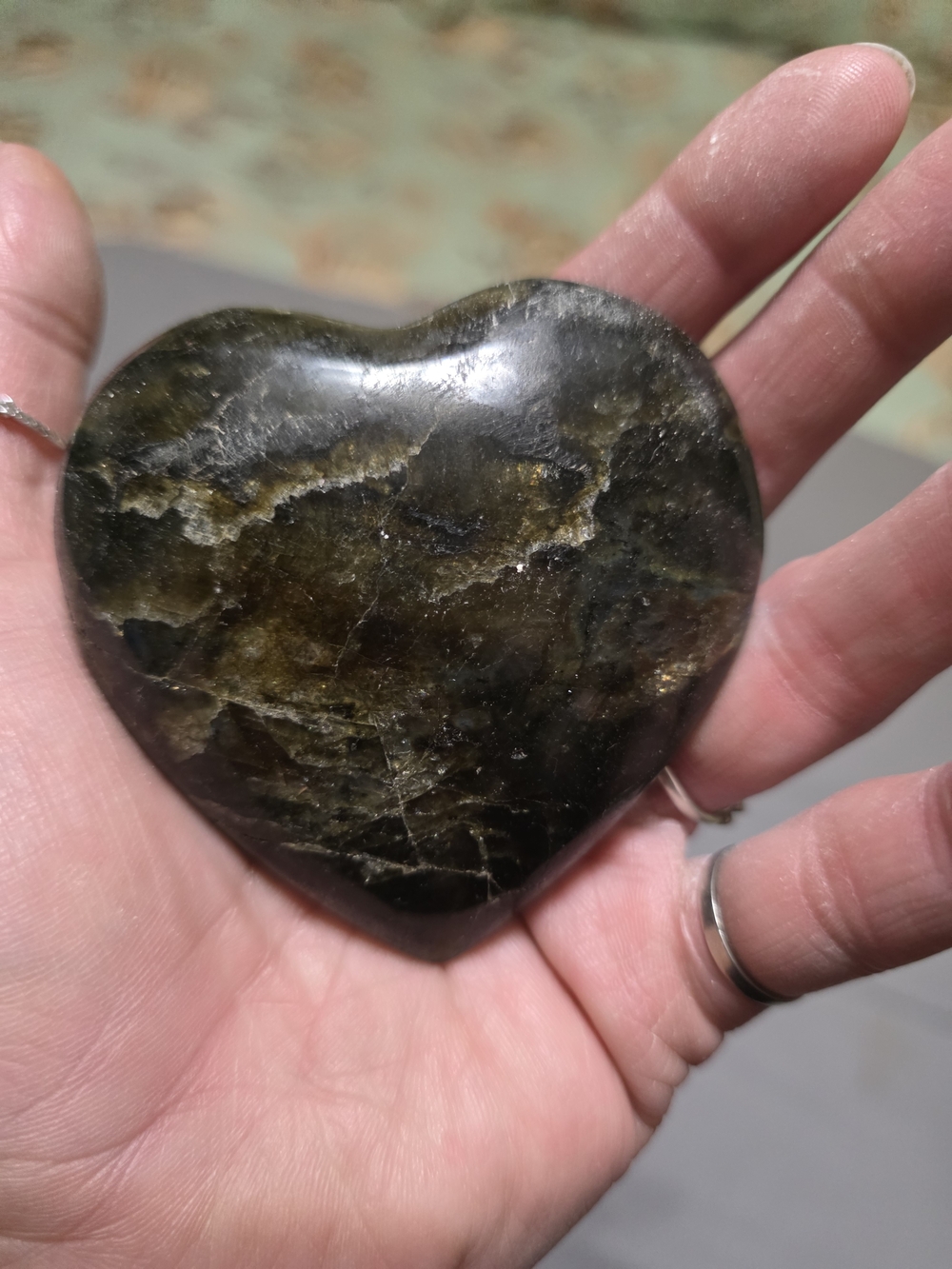 Polished Heart-Shaped Labradorite Palm Stone - Dark Green